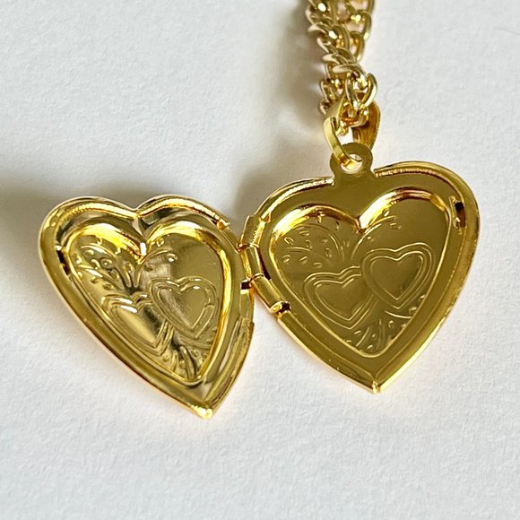 Vintage Gold Rose Flower Heart Locket Necklace Victorian Photo Charm 24" Plated - Picture 4 of 8